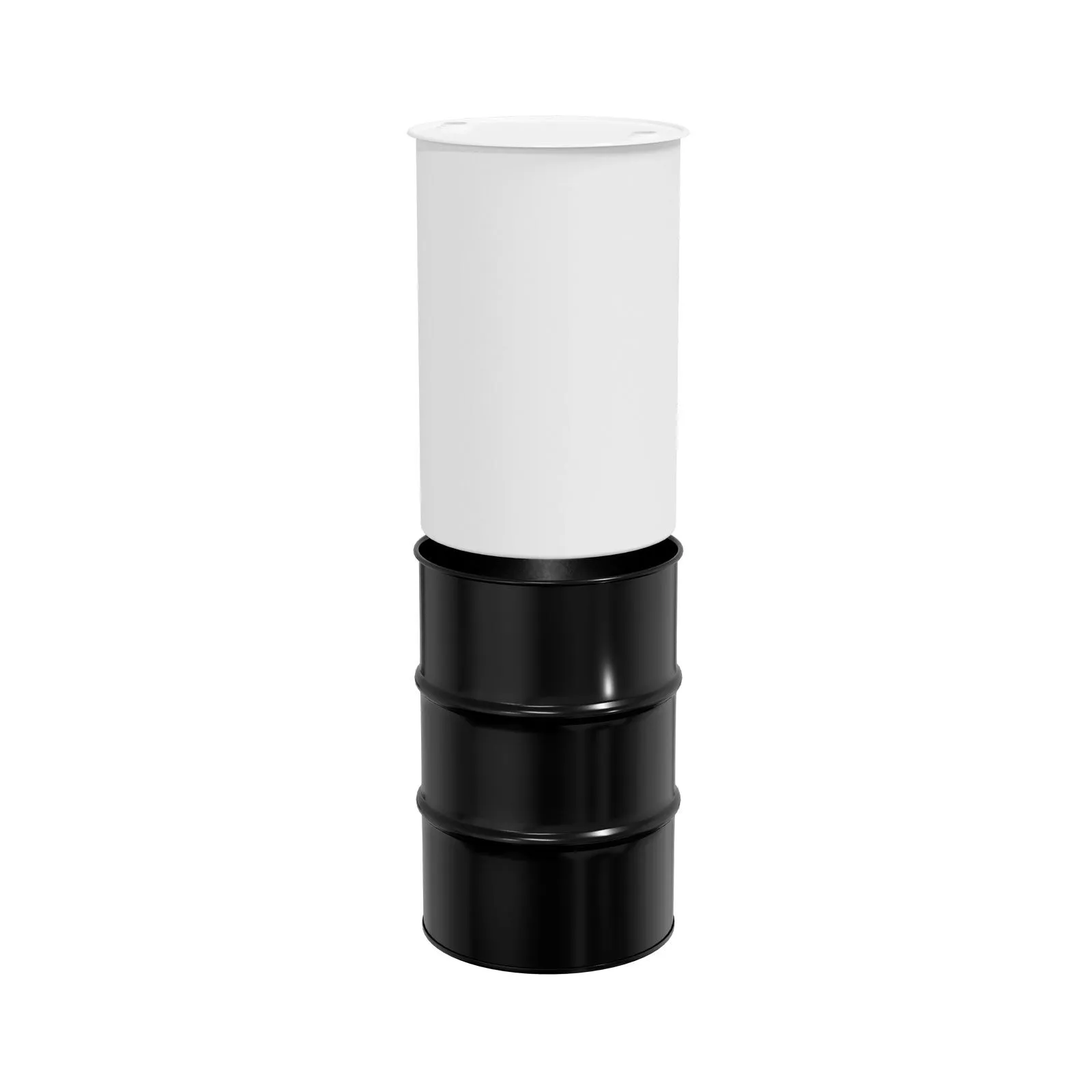 Un tambor de acero compuesto es un tambor de acero con un tambor de plástico en su interior. Aquí vemos las dos capas separadas como si se estuviera instalando el tambor interior.