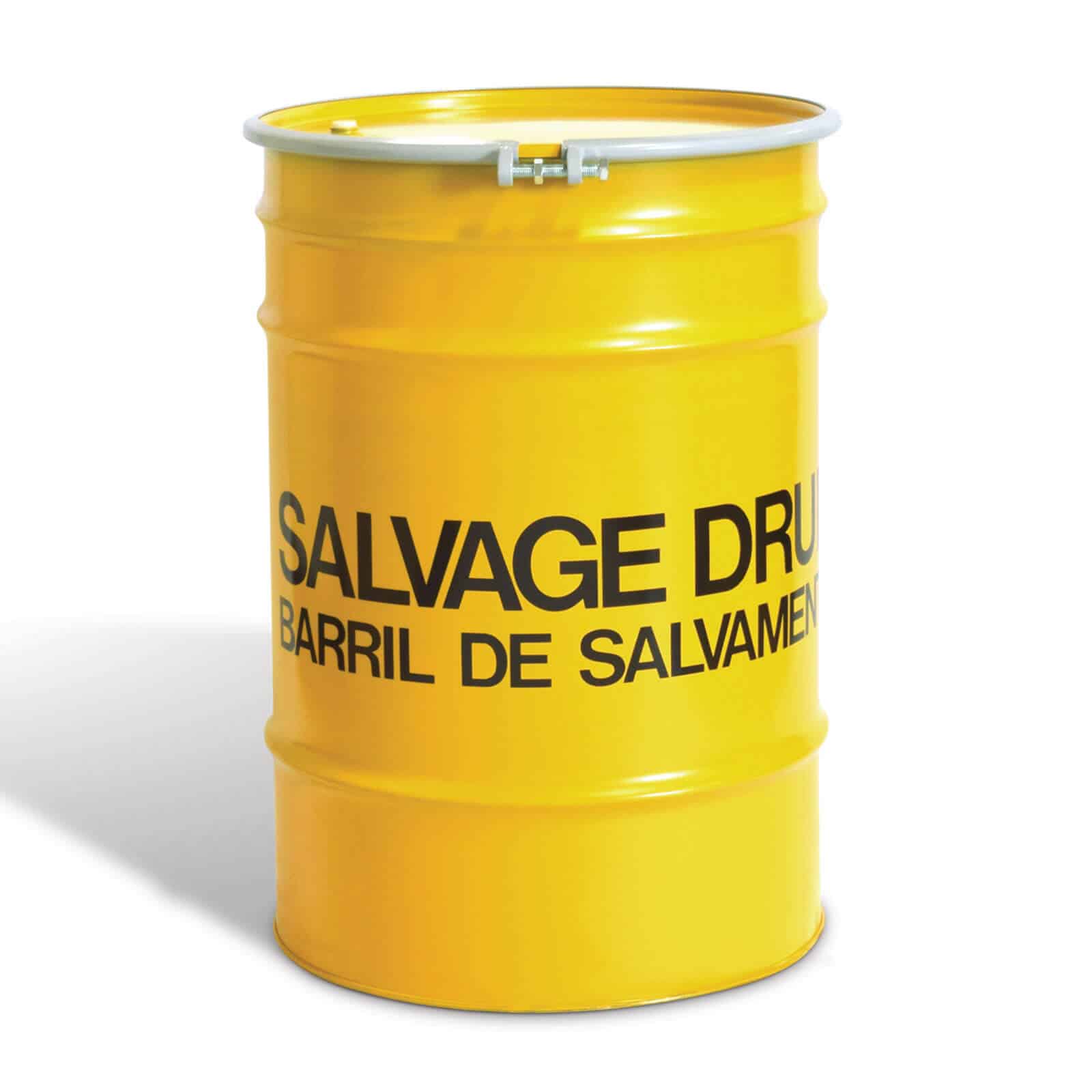 Tambor de salvamento Greif: un tambor de acero amarillo diseñado para encerrar un barril con fugas de plástico, acero u otro material para contener las fugas.