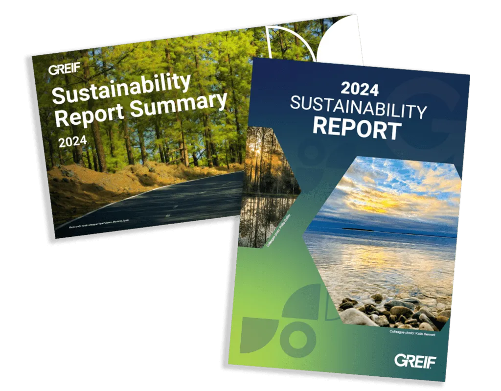 A imagem mostra as capas de dois relatórios sobre sustentabilidade da Greif