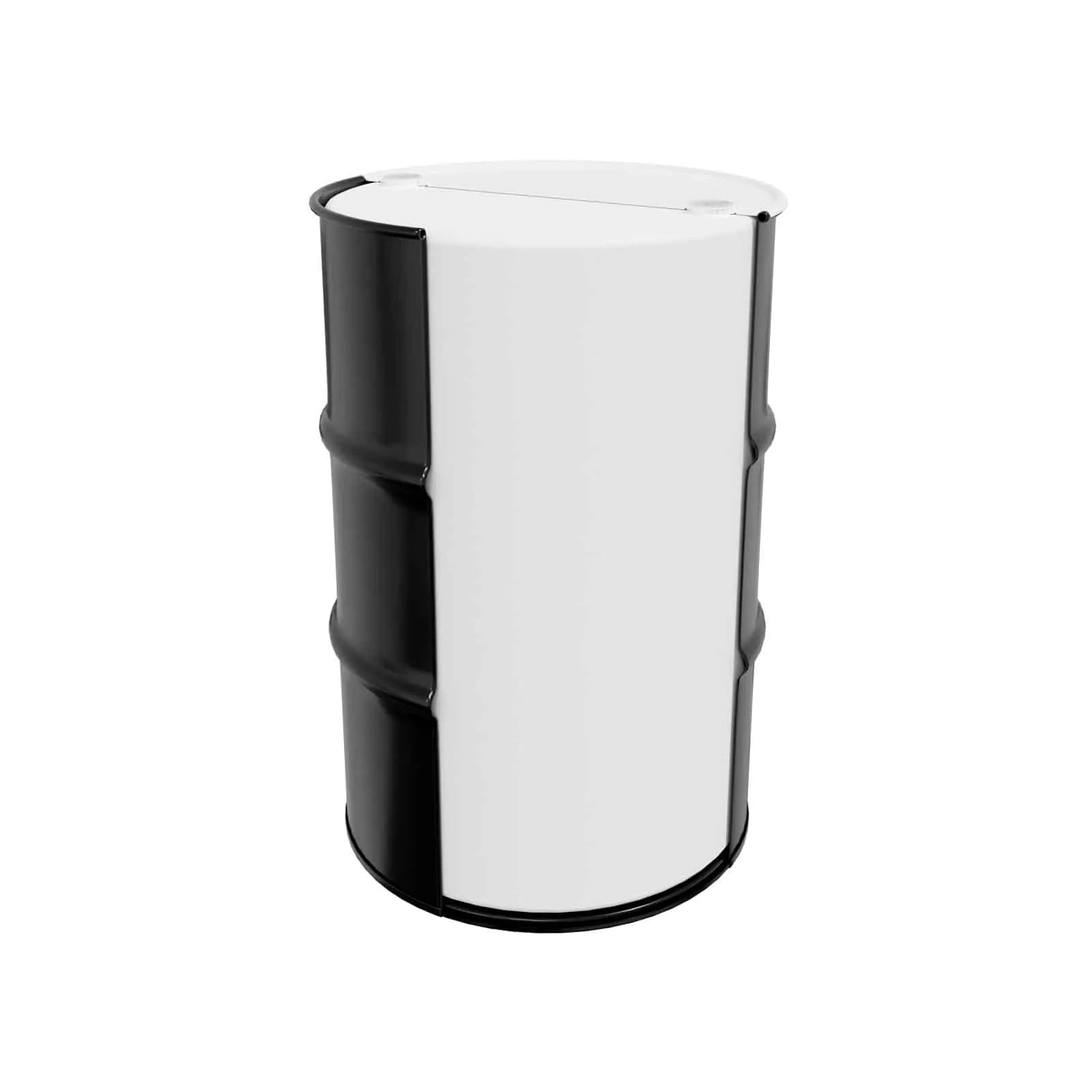 Um tambor de aço composto é um tambor de aço com um tambor de plástico dentro dele. Aqui vemos as duas camadas separadas através do uso de um corte