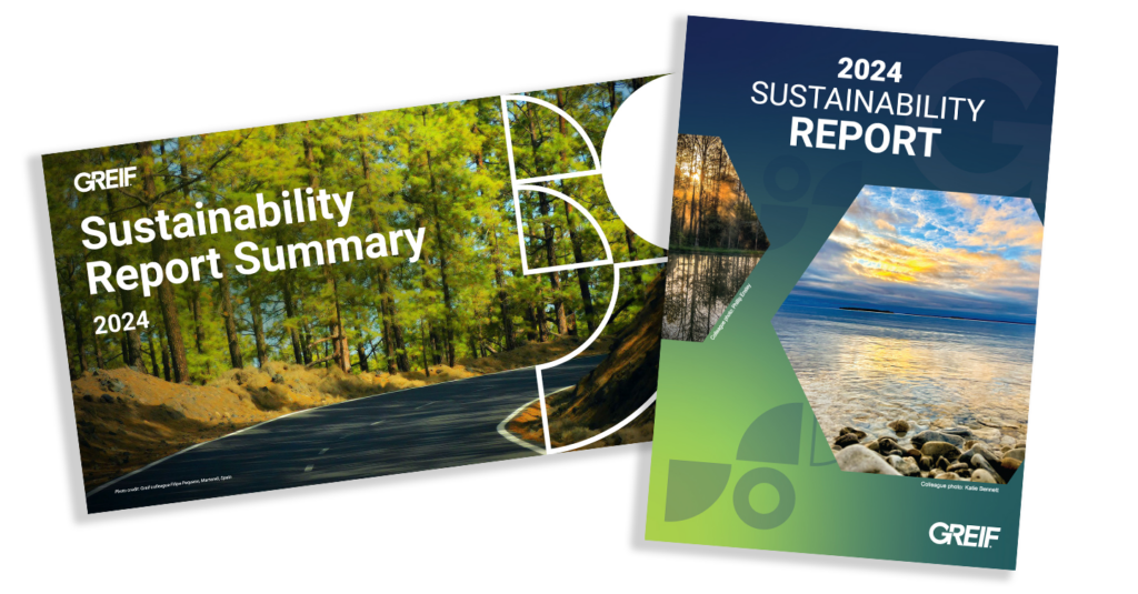 The image shows the covers of two reports on sustainability from Greif