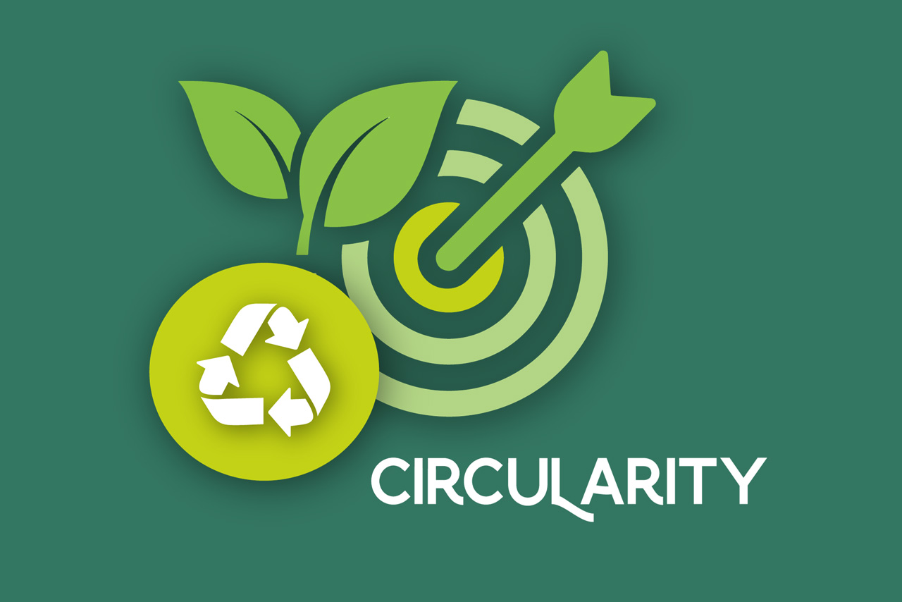 the graphic shows circularity symbols like the recycling triangle and an arrow hitting a target
