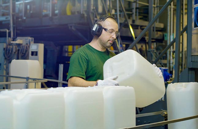 A Greif colleague inspects PCR jerrycans