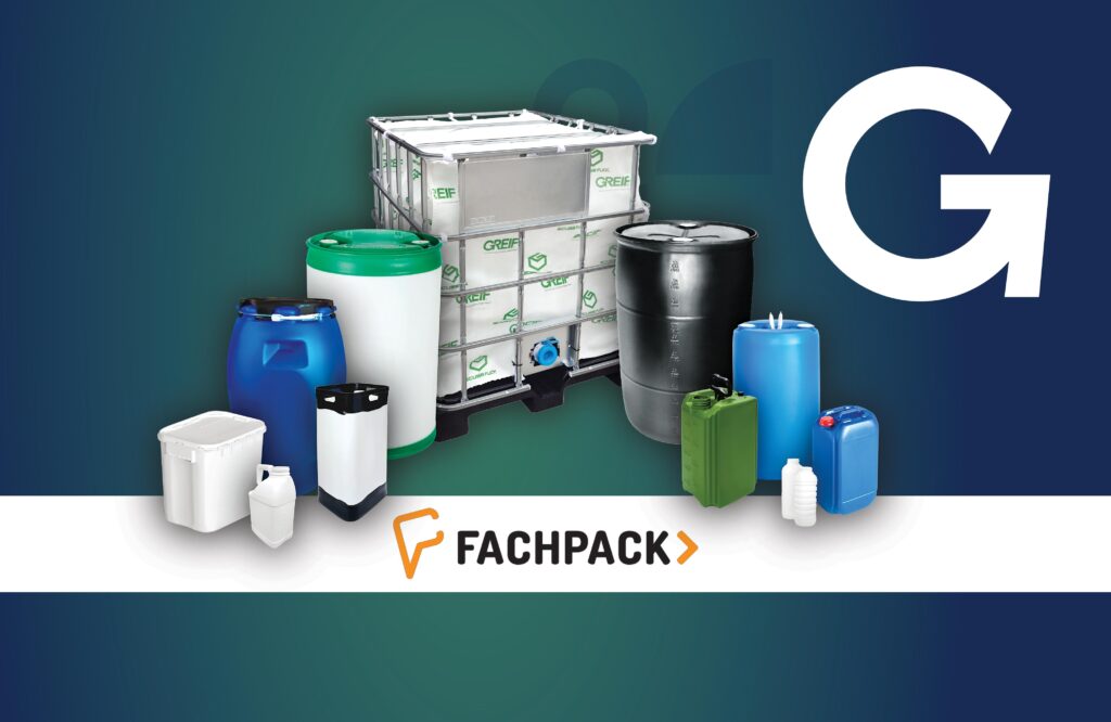 image showing Greif products and the Greif G with the Fachpack logo
